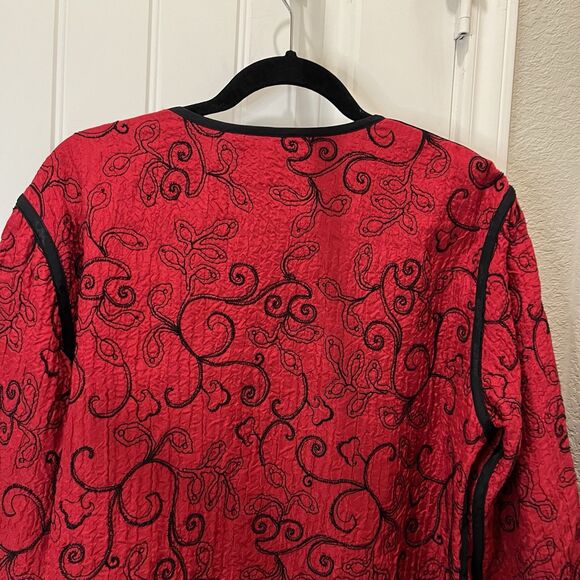 Chicos Size 2 Red Black Embroidered Open Front Jacket Top 100% Silk US L - Picture 8 of 10